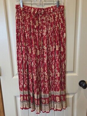 Vintage Liz Baker Red Floral Crinkle Broomstick Skirt 1X Plus Size Cottagecore